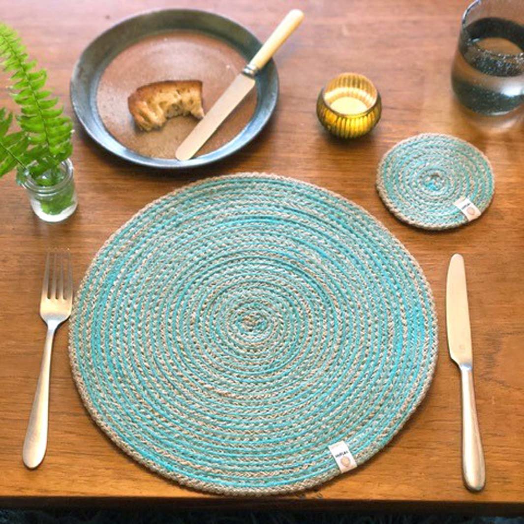 *NQP* Spiral Jute Tablemat - NATURAL/TURQUOISE