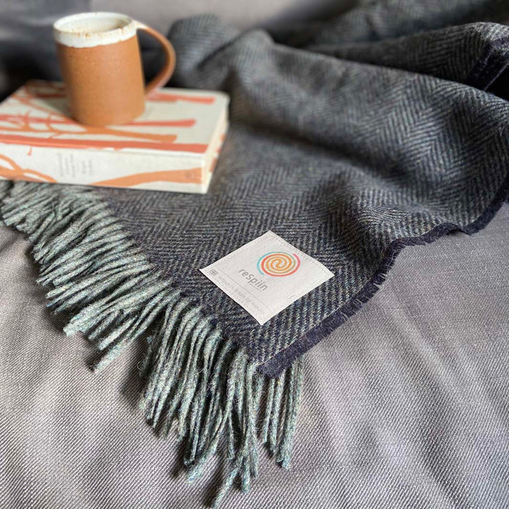 Recycled Wool Large Herringbone Blanket/Throw - Night Sky