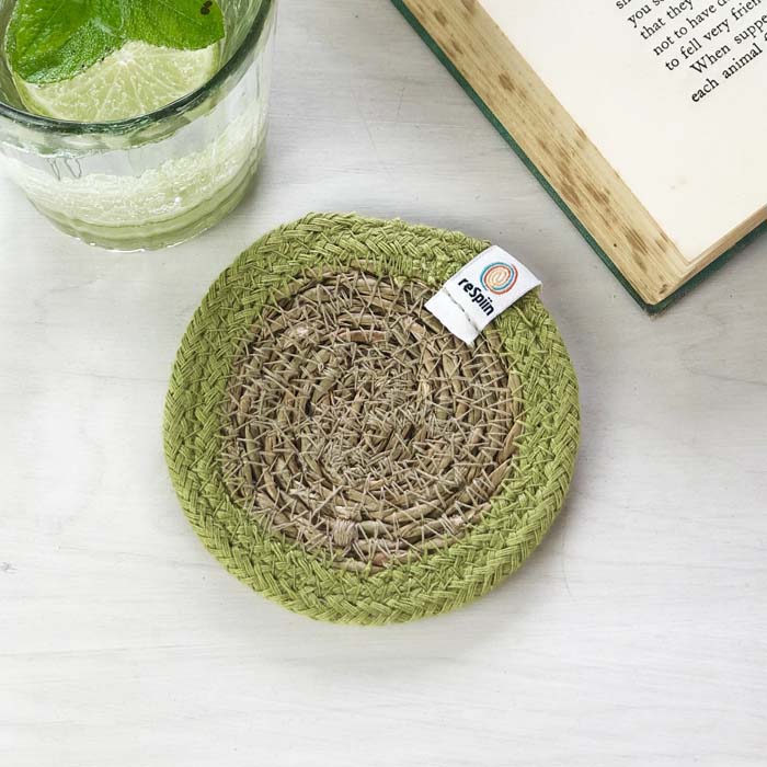 Woven Seagrass + Jute Coaster - NATURAL/GREEN