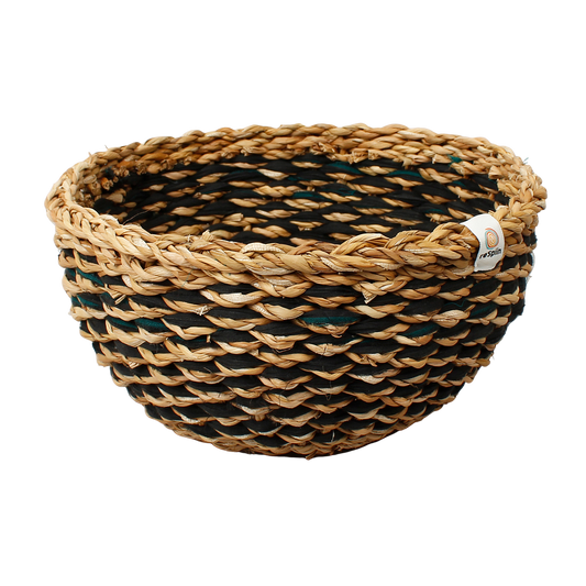 Upcycled Sari + Braided Seagrass Bowl - GREY