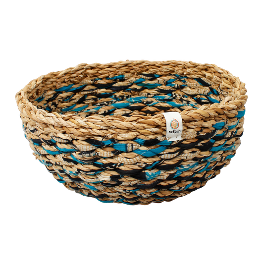 Upcycled Sari + Braided Seagrass Bowl - OCEAN