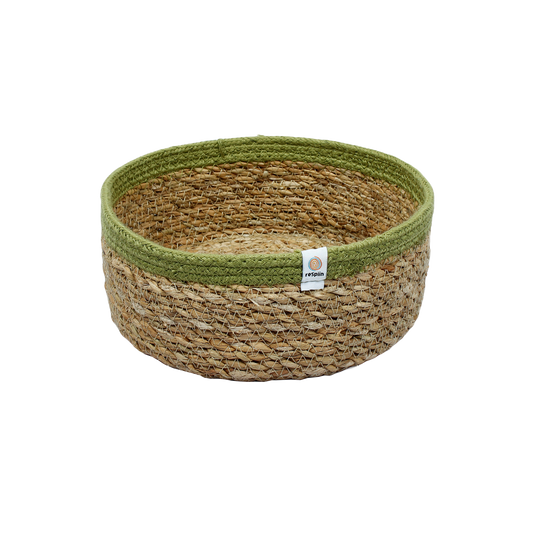 MEDIUM Shallow Woven Seagrass + Jute Basket - NATURAL/GREEN