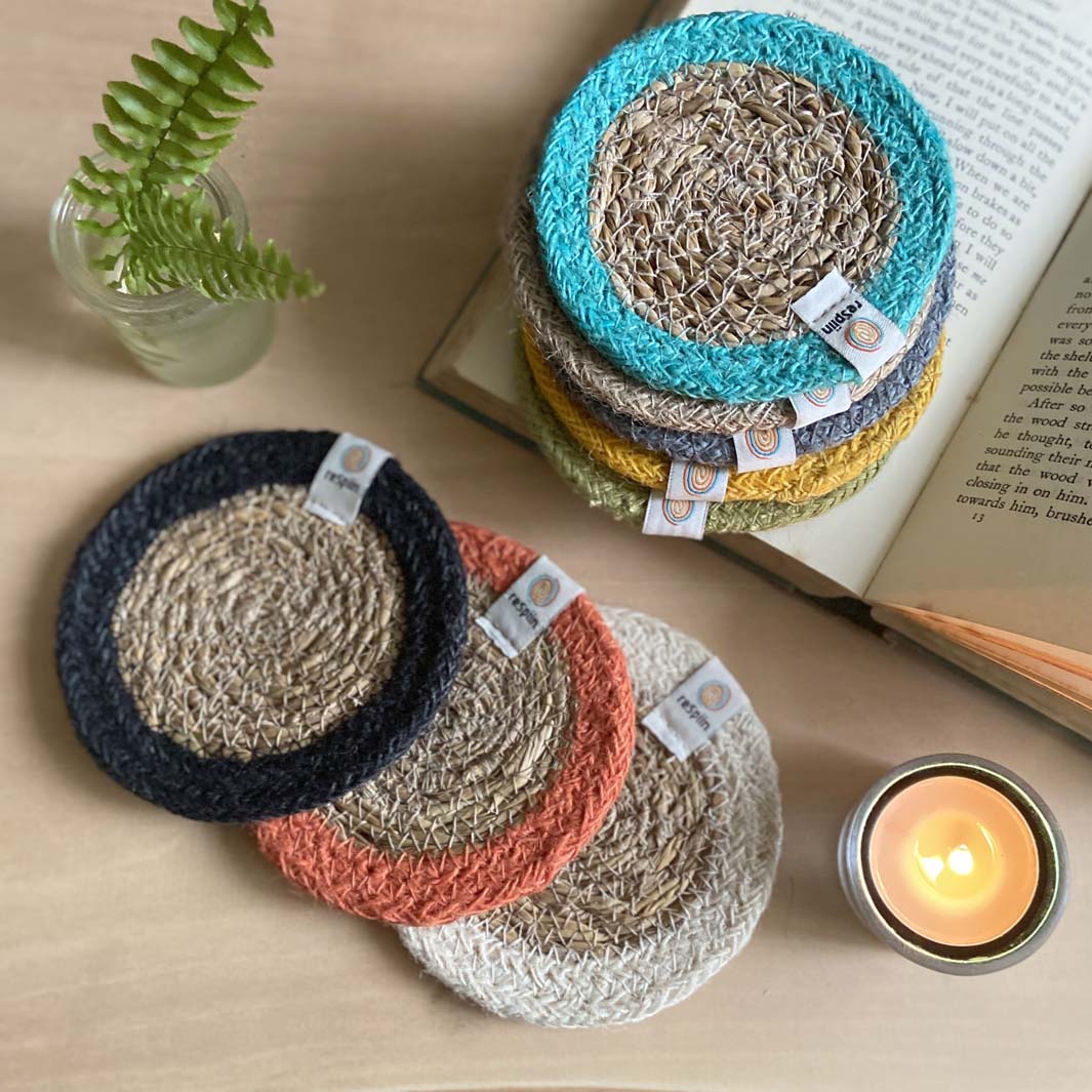 Woven Seagrass + Jute Coaster - NATURAL/TURQUOISE